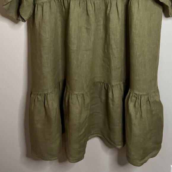 BELLA AMBRA Made In Italy Linen Roll Tab Sleeve Tiered Dress in Olive Size M - Picture 5 of 5